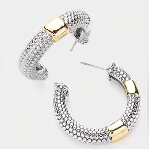 14K Gold Plated Two Tone Textured Metal Hoop Earrings